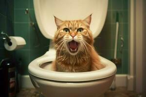 chat séance sur toilettes. produire ai photo