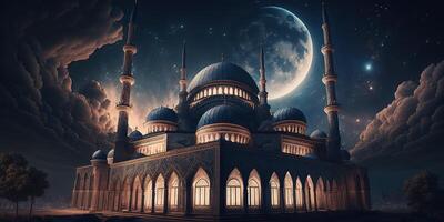 magnifique mosquée à nuit ciel Ramadan Contexte généré ai photo