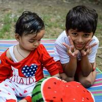 deux content garçons dans société parc, content asiatique frères qui sont souriant Heureusement ensemble. frères jouer en plein air dans été, meilleur amis. bambin bébé garçon en jouant avec le sien content frère dans le jardin photo