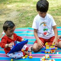 deux content garçons dans société parc, content asiatique frères qui sont souriant Heureusement ensemble. frères jouer en plein air dans été, meilleur amis. bambin bébé garçon en jouant avec le sien content frère dans le jardin photo