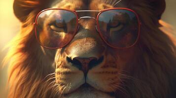 Lion portrait avec des lunettes de soleil, numérique art illustration, génératif ai photo