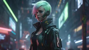 cyberpunk fille avec néon vert cheveux, numérique art illustration, génératif ai photo