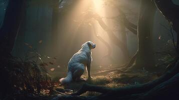 chien dans mystique forêt, numérique art illustration, génératif ai photo