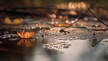 gouttelette danse, l'eau gouttelettes dansant sur le surface de une étang génératif ai photo