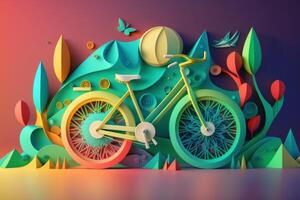 monde vélo journée coloré Contexte dans papier Couper style. éco amical vélo concept. génératif ai photo