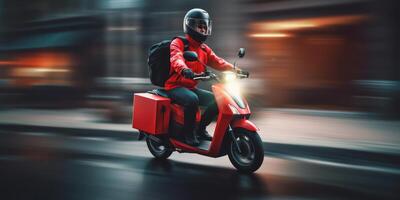 livraison homme balade scooter moto avec mouvement brouiller paysage urbain Contexte. génératif ai photo