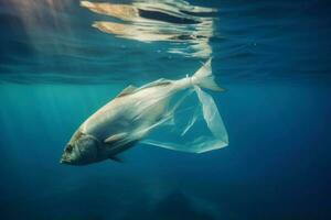 mer poisson Plastique sac déchets. produire ai photo