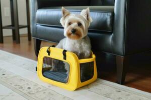 chien asseoir transporteur vacances. produire ai photo