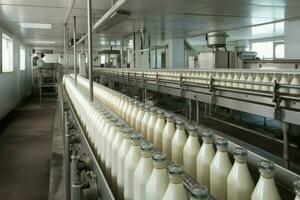 Lait bouteille convoyeur. produire ai photo