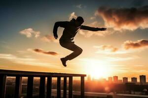 homme Parkour le coucher du soleil saut. produire ai photo