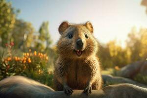 mignonne souriant quokka animal. produire ai photo