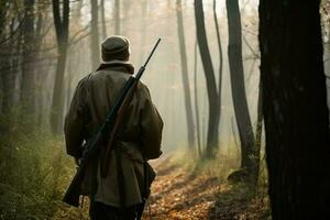 retour vue homme chasseur forêt brouillard. produire ai photo