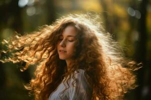 femme longue frisé cheveux. produire ai photo