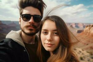 couple voyageur selfie photo. produire ai photo