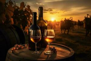 vignoble du vin bouteille dans le coucher du soleil. produire ai photo