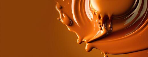 génératif ai, écoulement liquide avec éclaboussures dans abricot couleur. brillant crème caramel fluide bannière, 3d effet, moderne macro photoréaliste abstrait Contexte illustration.. photo