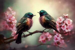 des oiseaux arbre branche fleurs. produire ai photo