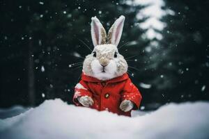 mignonne lapin habillé Père Noël claus dans forêt. produire ai photo