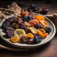 une assiette de sec des fruits ai généré photo