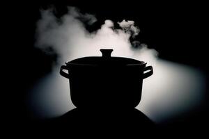fumant pot dans foncé logo, vapeur plus de casserole génératif ai photo