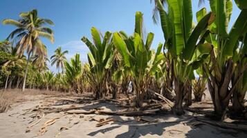 plage avec banane des arbres, été tropical flore génératif ai photo