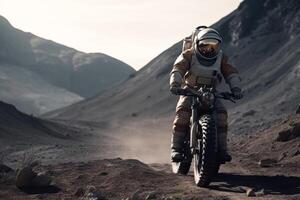 marrant astronaute sur bicyclette sur lune planète génératif ai photo