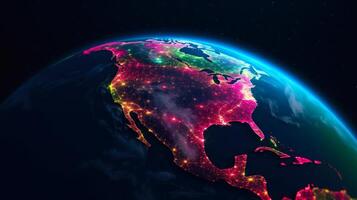 coloré planète Terre vue de espace violet embrasé lumière génératif ai photo