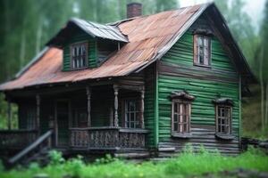 vieux en bois éco maison dans forêt génératif ai photo