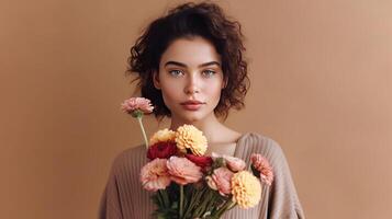 magnifique fille avec fleurs. illustration ai génératif photo