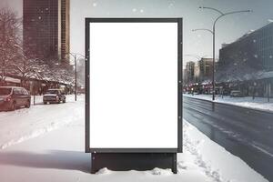 génératif ai contenu, maquette, verticale embrasé La publicité bannière sur ville rue dans l'hiver. photo