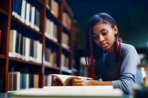 génératif ai contenu, fermer portrait. une noir fille études dans le bibliothèque. en train de lire une livre, prise Remarques. génératif ai contenu, photo