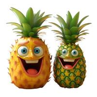 génératif ai contenu, dessin animé fruit personnage, deux marrant Ananas, avec visage et yeux isolé sur blanc Contexte. fruit série. photo