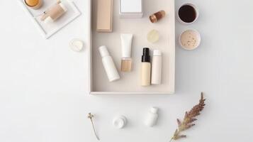 produits de beauté boîte avec ensemble de bouteilles. illustration ai génératif photo