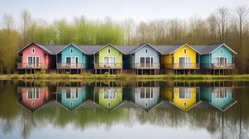 rangée de coloré en bois Maisons. illustration ai génératif photo