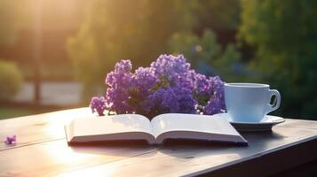 tasse de café avec livre et lilly fleurs. illustration ai génératif photo