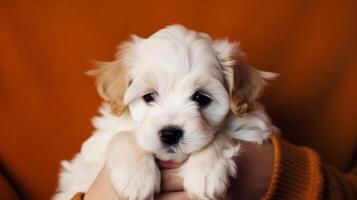 mignonne peu chiot sur mains. illustration ai génératif photo