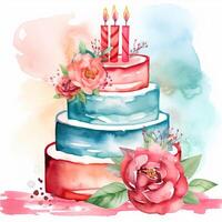 aquarelle anniversaire gâteau. illustration ai génératif photo