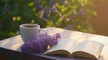 tasse de café avec livre et lilly fleurs. illustration ai génératif photo