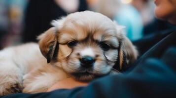 mignonne peu chiot sur mains. illustration ai génératif photo