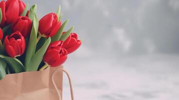 rouge tulipes bouquet dans papier achats sac illustration ai génératif photo