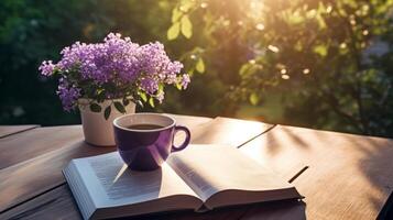 tasse de café avec livre et lilly fleurs. illustration ai génératif photo