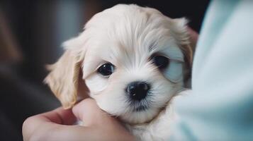 mignonne peu chiot sur mains. illustration ai génératif photo