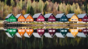 rangée de coloré en bois Maisons. illustration ai génératif photo