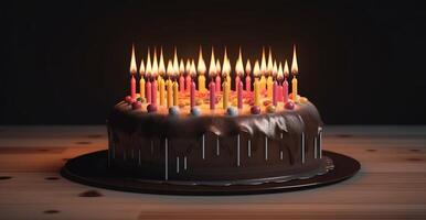 fermer de une anniversaire gâteau avec brûlant bougies sur une foncé arrière-plan, isoler. ai généré. photo
