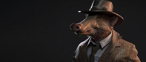 gentleman, patron sauvage sanglier, porc dans chapeau, costume et cravate. bannière entête. ai généré. photo