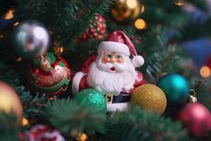 jouet Père Noël claus parmi Noël arbre branches décoré avec brillant Noël des balles. ai généré. photo