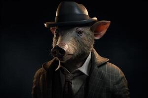 gentleman, patron sauvage sanglier, porc dans chapeau, costume et cravate. bannière entête. ai généré. photo