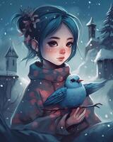 génératif ai illustration mignonne Princesse dans dessin animé style animation dans neige forêt et en portant une oiseau dans sa main. photo