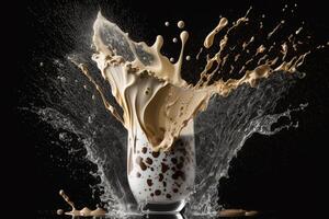 Lait éclaboussure dans tasse, mousse égouttage sur noir tableau. génératif ai photo