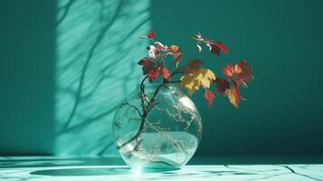 bouquet de arbre branches dans rond verre vase dans lumière du soleil en quittant ombres sur pastel turquoise mur. ai génératif photo